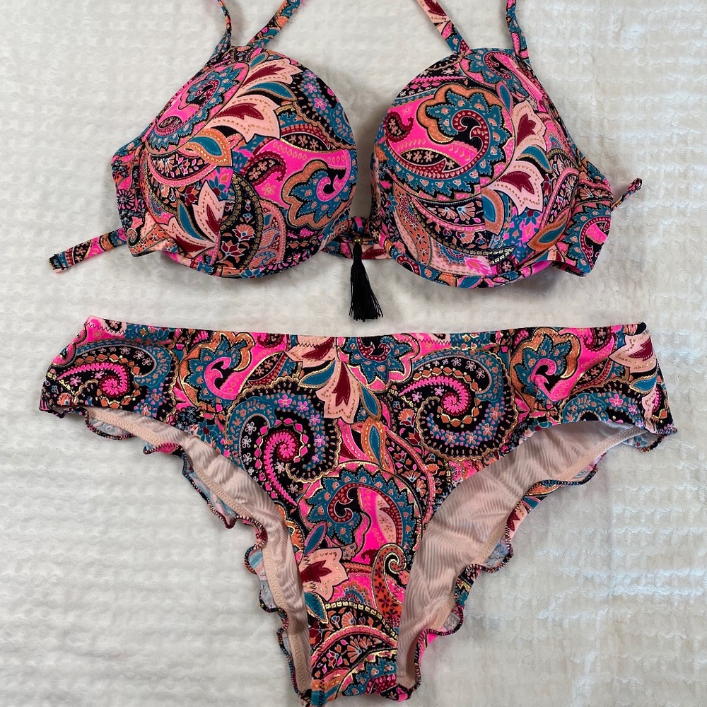 NWOT Shade & Shore Pink Paisley Bikini 2pc  34D Top - Cheeky Bottoms M